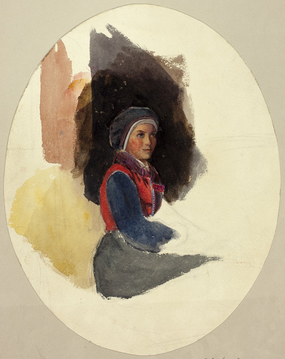 Skitse af siddende kvinde i bondedragt af John Frederick Lewis