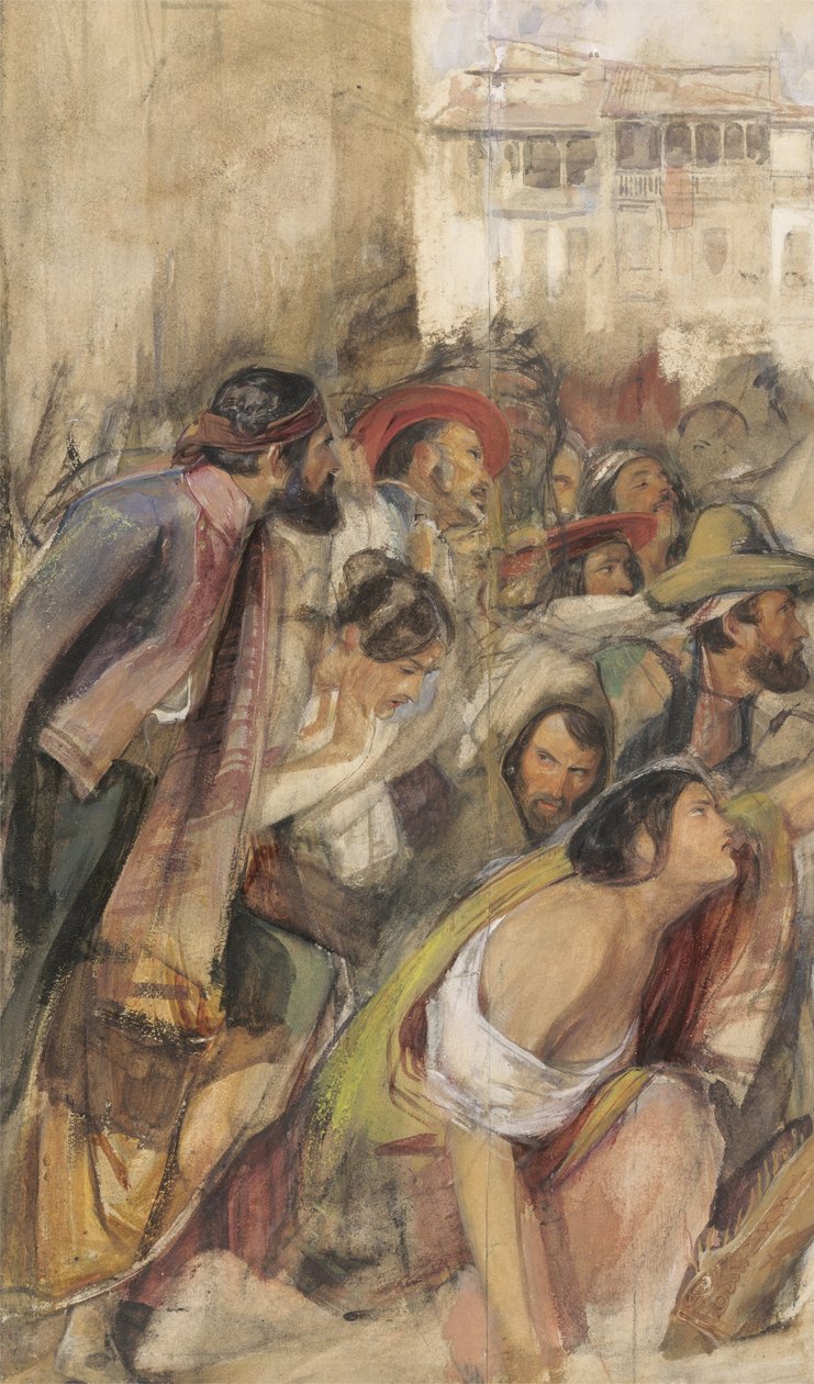 Studie til proklamationen af Don Carlos, ca. 1834-28 (w/c & kropsfarve over kridt og blyant på papir) af John Frederick Lewis