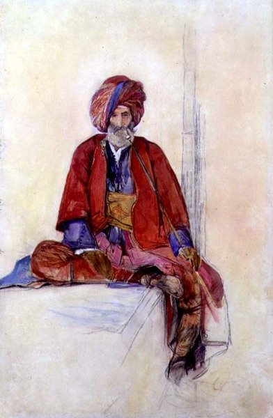 Studie af en siddende tyrker, der ryger en lang pibe, ca. 1841 (kridt, akvarel og gouache) af John Frederick Lewis