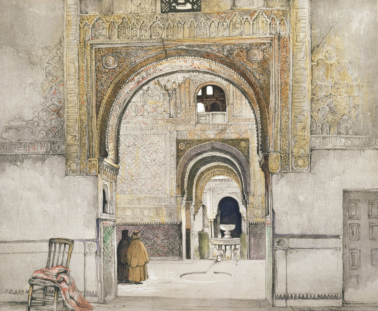 De to søstres sal (Sala de las dos Hermanas), fra "Sketches and Drawings of the Alhambra", graveret af Willam Gauci (fl.1825-54), 1835 af John Frederick Lewis
