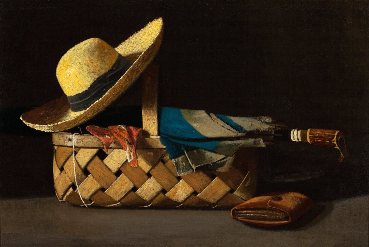 ""Marked Basket, Hat and Umbrella"" (Market Basket, Hat and Umbrella) Stilleben - Maleri af John Frederick Peto (1854-1907) ca. 1890 Privat samling af John Frederick Peto
