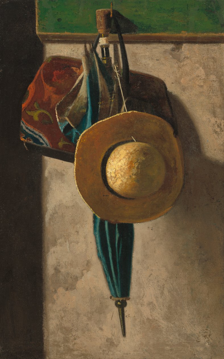 Halmhat, taske og paraply, ca.1900 (olie på stof overført fra lærred) af John Frederick Peto