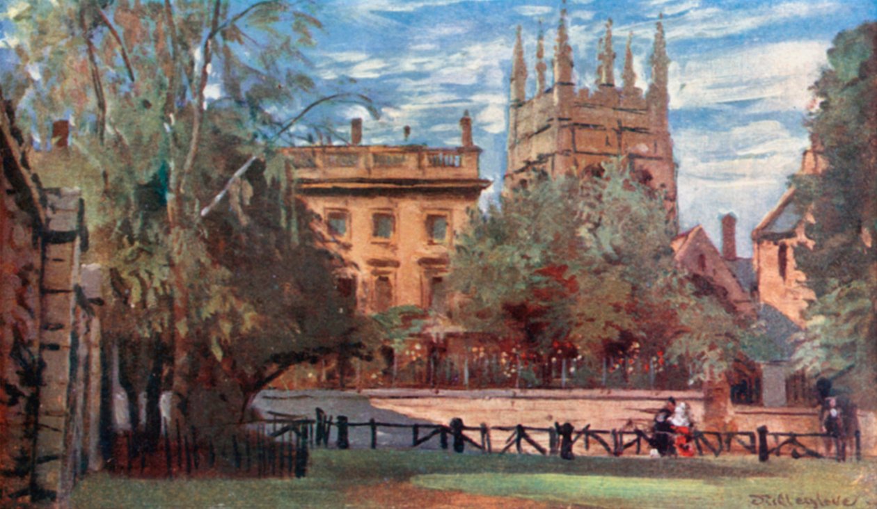 Corpus Christi College og Merton Tower, fra Christ Church Meadows (farvelitografi) af John Fulleylove