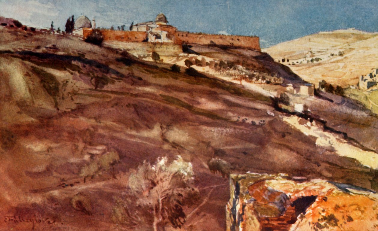 Jerusalem. - Sydmuren af tempelområdet, fra Hinnom-dalen, ved solnedgang, 1902. af John Fulleylove