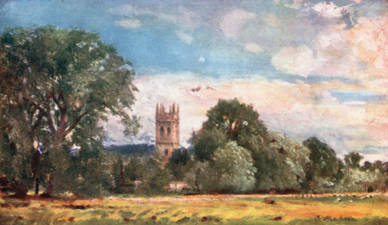 Magdalen College Tower, set fra Meadows (farvelitografi) af John Fulleylove
