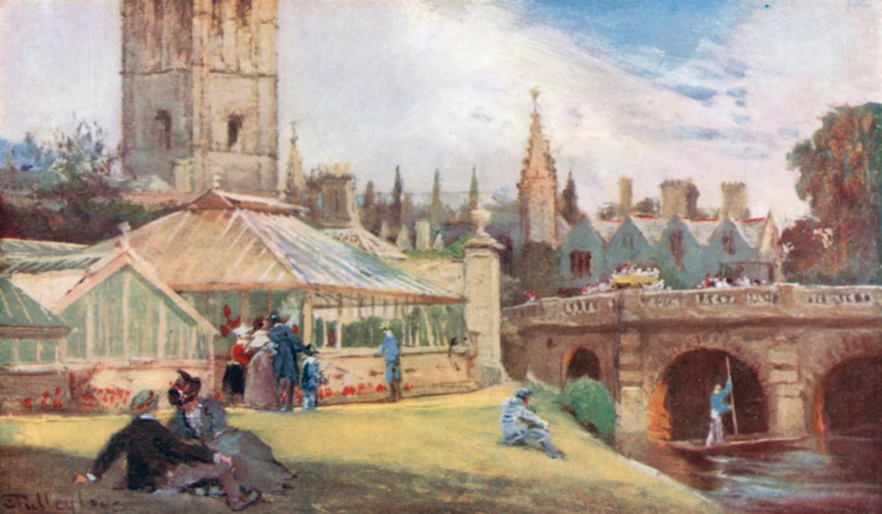 Magdalen College, set fra den botaniske have (farvelitografi) af John Fulleylove