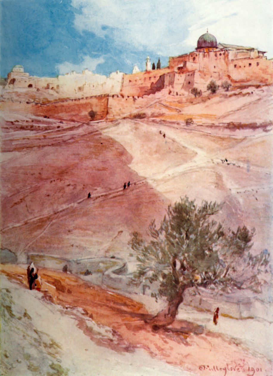 Jerusalems sydmur fra den nordlige ende af landsbyen Siloam, 1902. af John Fulleylove