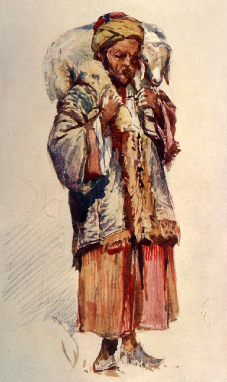 Syrisk hyrde Abu Mustapha, der bærer et lam på sine skuldre, 1902. af John Fulleylove