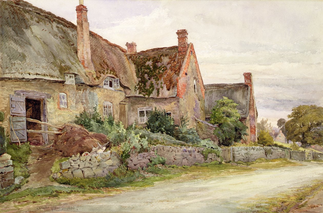 Stråtækt sommerhus med lade tilstødende, 1881 (wc & grafit på papir) af John Fulleylove