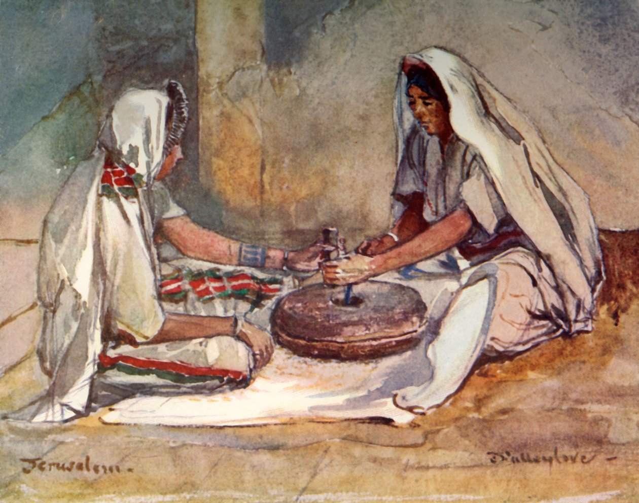 To kvinder maler ved en håndmølle, 1902. af John Fulleylove