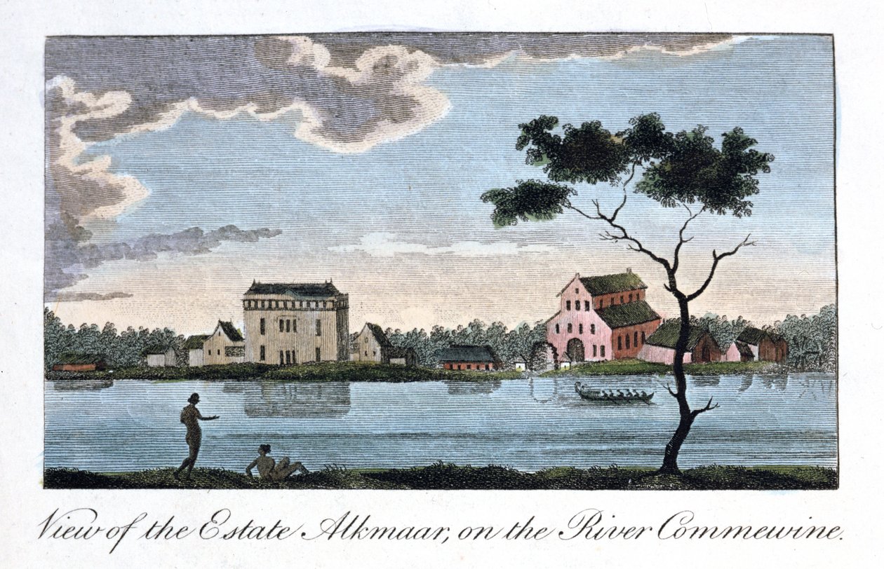 Udsigt over godset Alkmaar ved floden Commewine, 1813 af John Gabriel Stedman