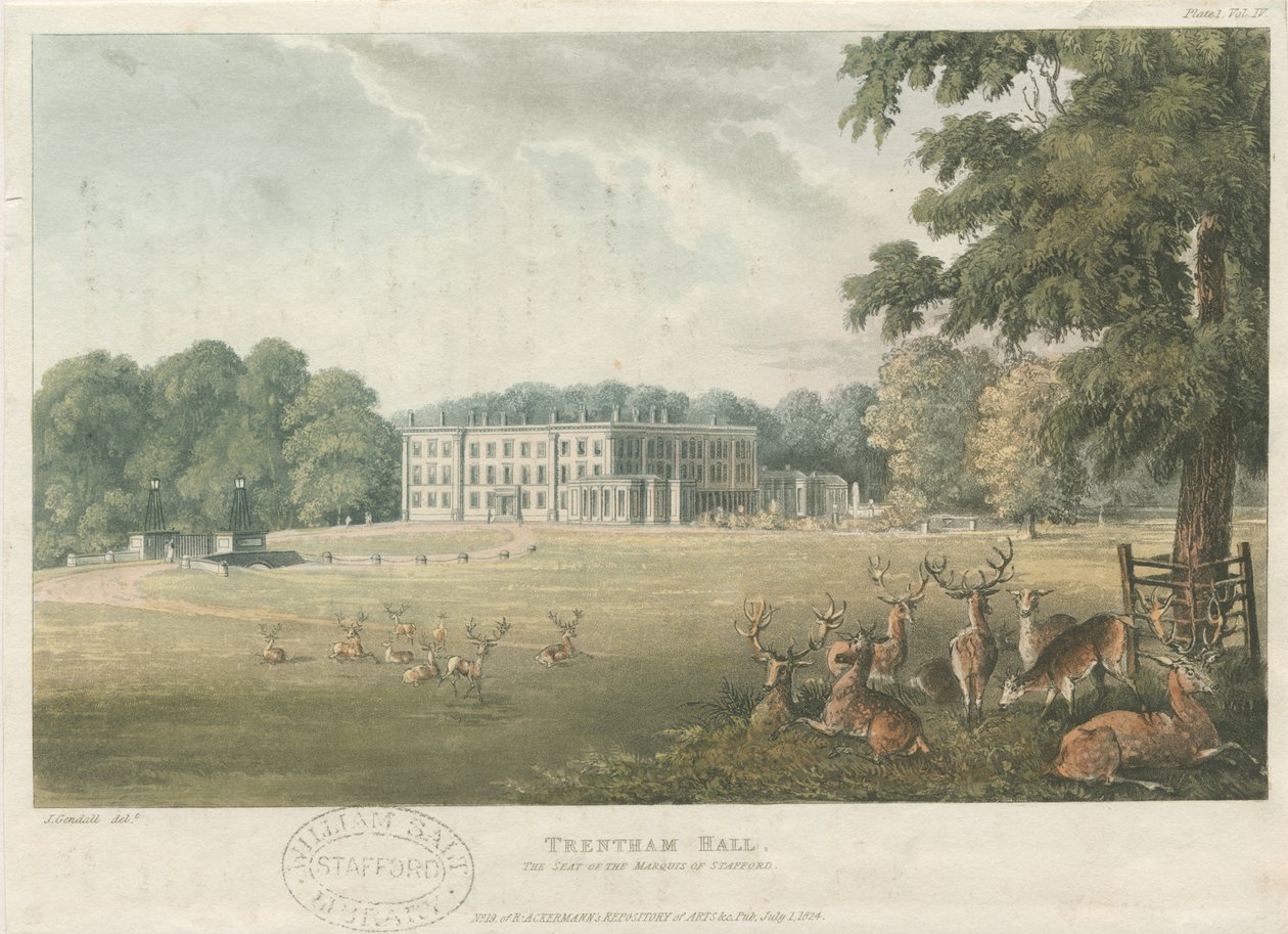 Trentham Hall: farvet litografi, nd [c 1824] (tryk) af John Gendall