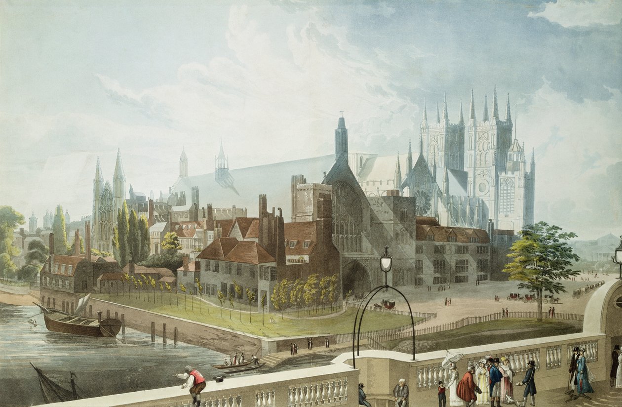 Westminster Hall and Abbey, indgraveret af Daniel Havell (1785-1826) udgivet af Rudolph Ackermann (1764-1834) 1819 (farvet akvatint) af John Gendall