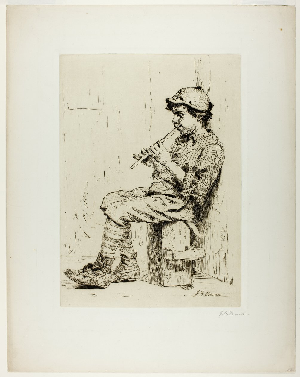 Dreng, der spiller fløjte af John George Brown