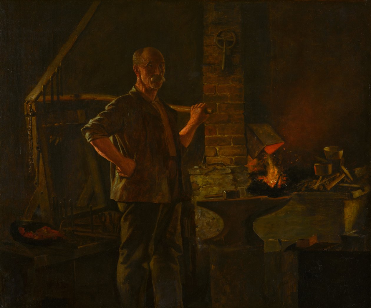 Landsbysmeden, ca. 1900 (olie på lærred) af John George Brown