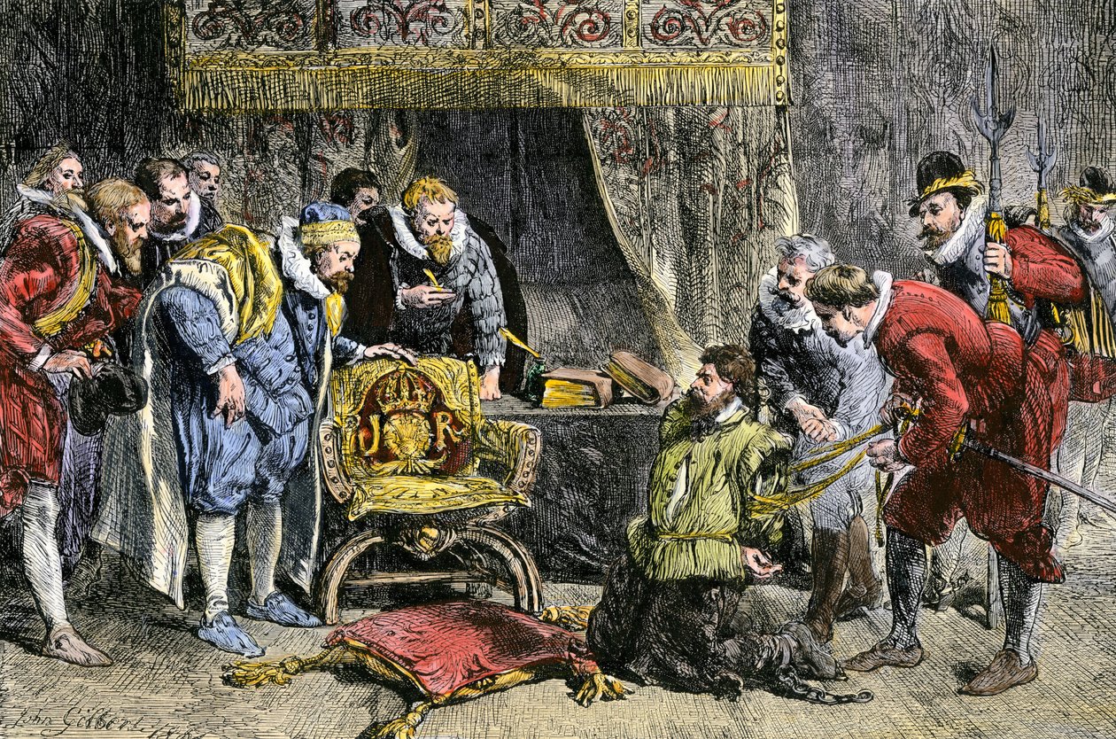 Guy Fawkes foran kong James I af England efter krudtsammensværgelsen den 5. november 1605. 19. århundrede (gravering) af John Gilbert