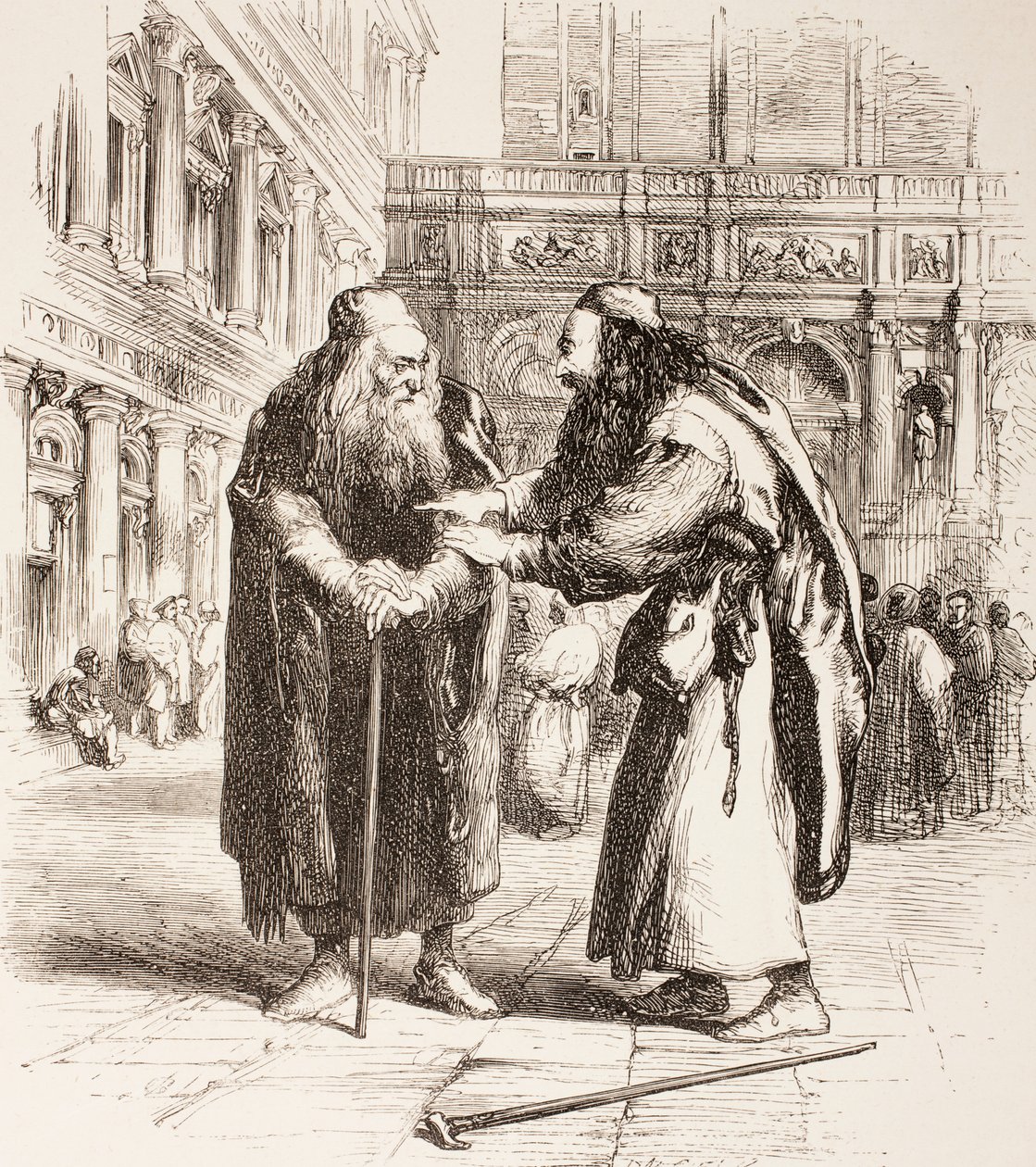 Illustration til The Merchant of Venice, Shylock og Tubal mødes på gaden, akt III, Scene I, fra 