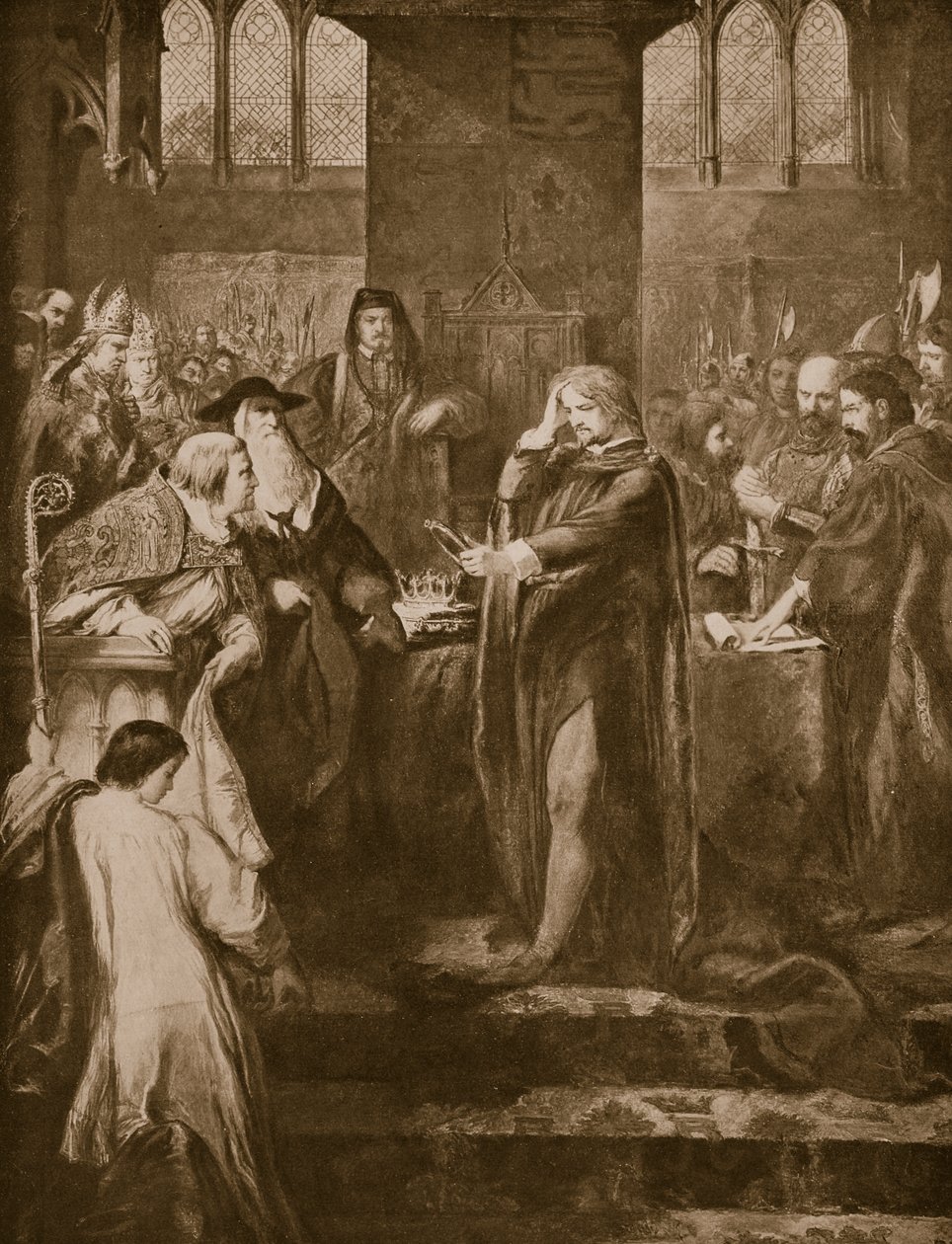 Kong Richard II afgiver kronen til sin fætter Bolingbroke, illustration fra "Hutchinson