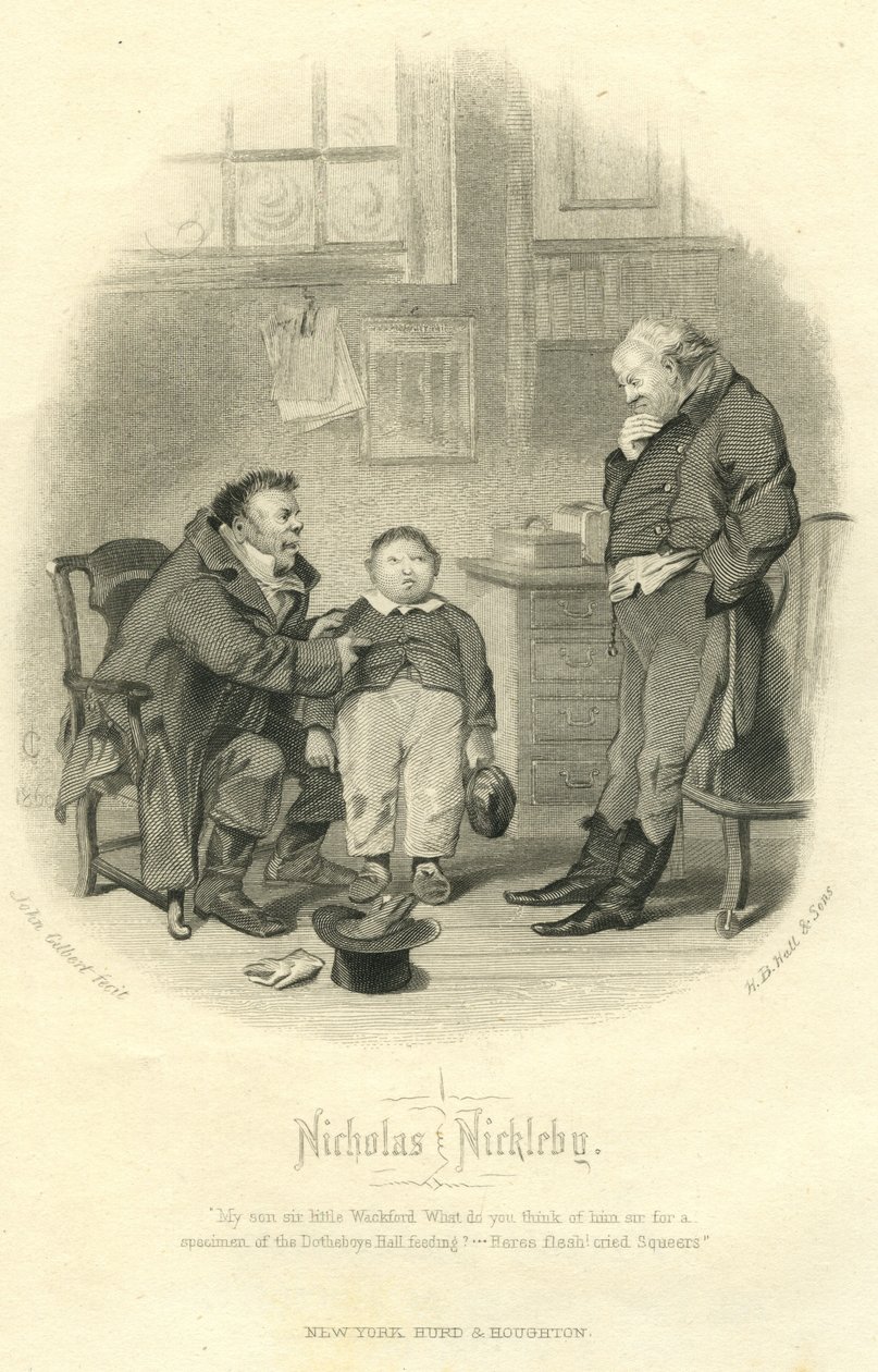 Nicholas Nickleby: Wackford Squeers og Young Wackford Squeers, indgraveret af H.B. Hall og sønner, 1867 af John Gilbert