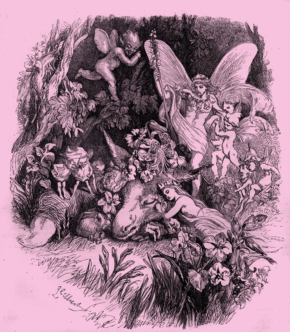 Titania og bunden i en skærsommernatsdrøm af John Gilbert