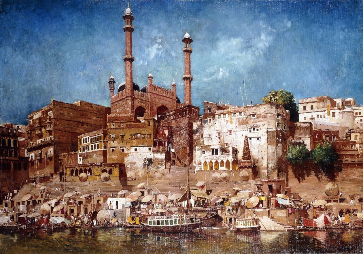 En udsigt over Ghats med Aurangzebs moske, Benares af John Gleich