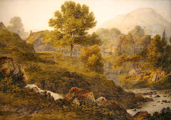 A Mountain Farmstead (akvarel på papir) af John Glover
