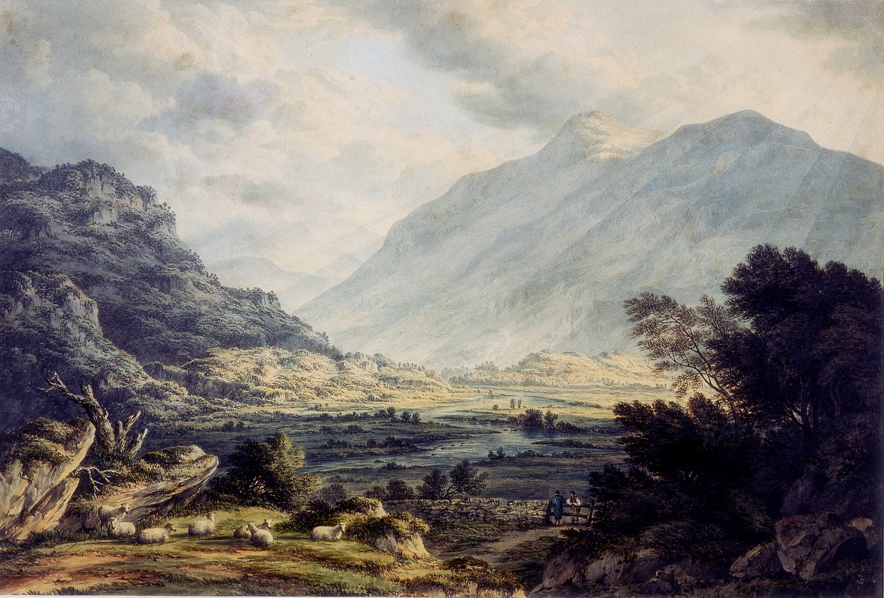 Nær Capel Curig, med udsigt over Mount Snowdon, Wales, omkring 1793-1830 (Akvarel) af John Glover