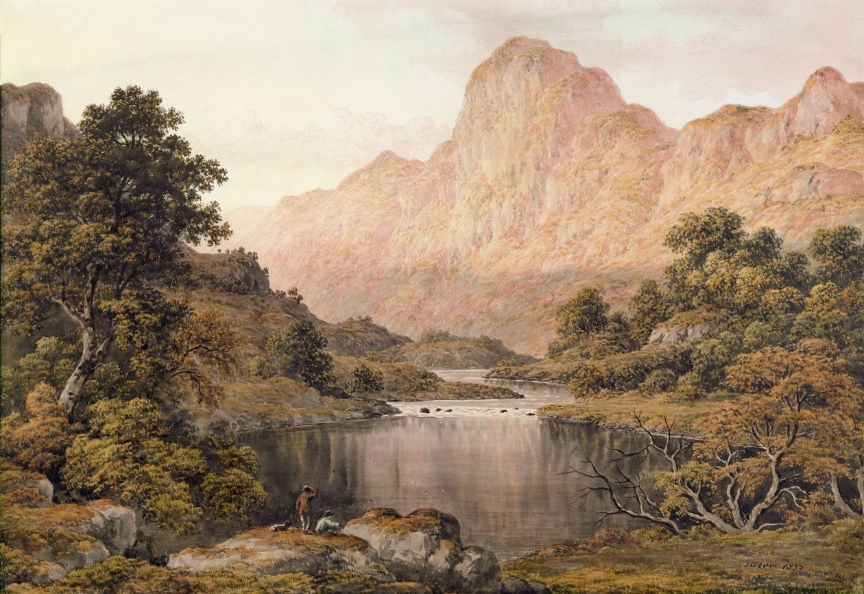 Rejsende ved siden af en sø i Lake District af John Glover