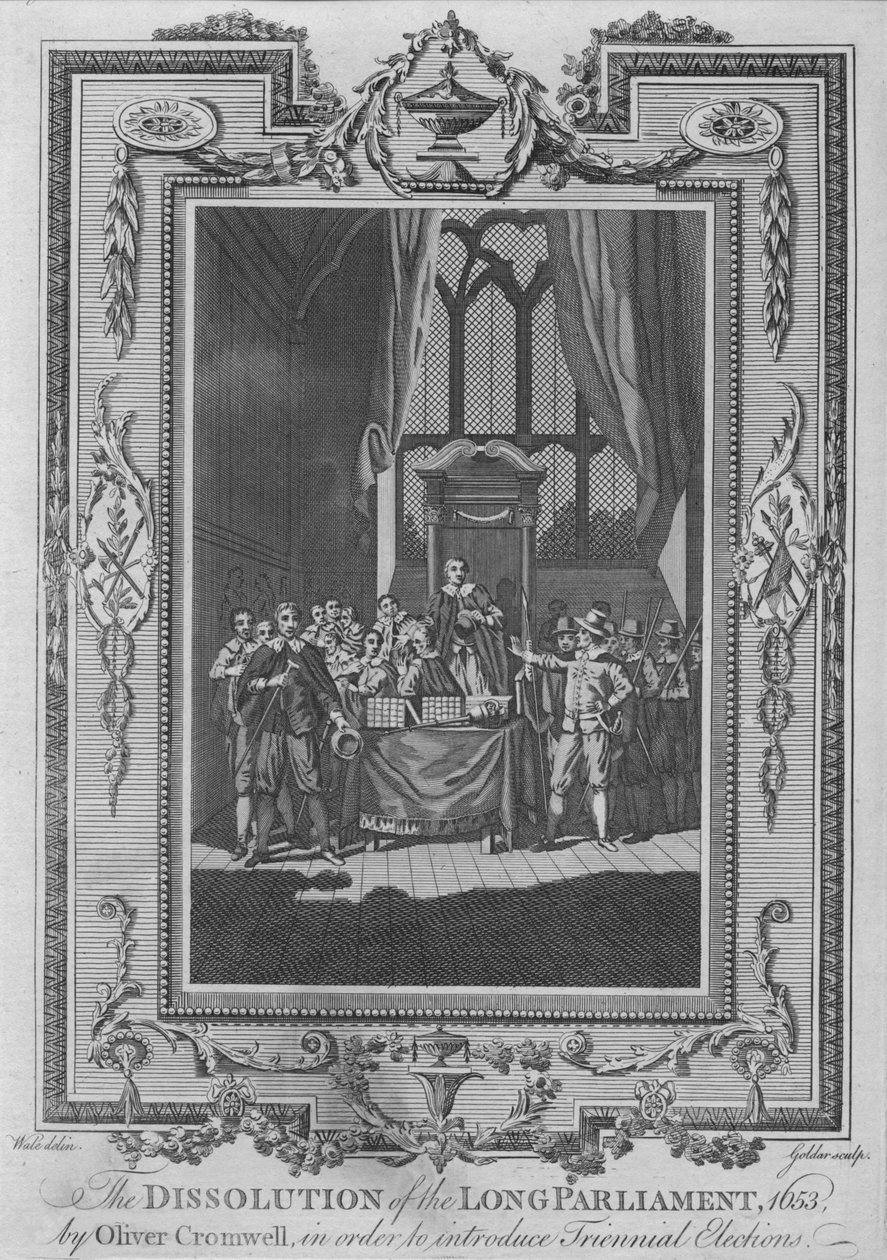 The Dissolution of the Long Parliament, 1653, af Oliver Cromwell, for at introducere Triennial Ele af John Goldar