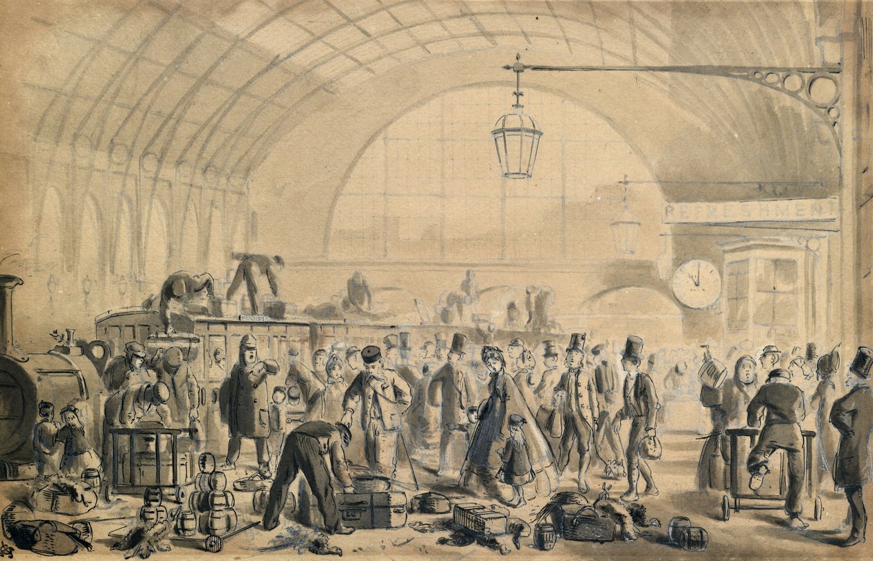Juleaften på Kings Cross Station, ca. 1870-90 (pen og vask på papir) af John Gordon Thomson