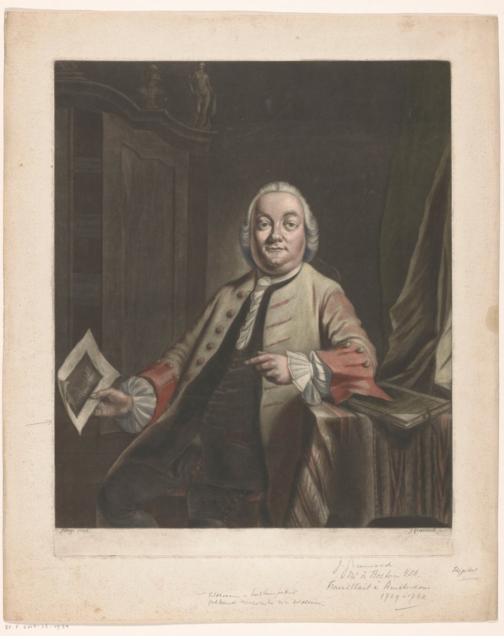 Portræt af Simon Fokke med i hånden aftrykket af plyndringen af ​​Gerrit Hagedoorens hus, 1751 af John Greenwood