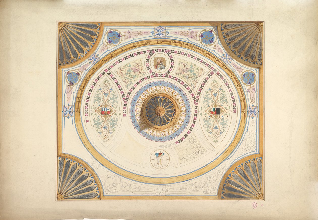 Design til loft med to portrætter og ventilatorstøtter ved hjørner, 1800-tallet. af John Gregory Crace