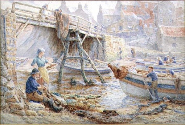 Mending the Nets, Staithes (akvarel) af John H. Parkyn