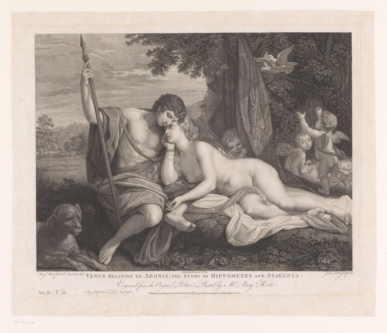 Venus fortæller Adonis historien om Hippomenes og Atalanta Venus om Adonis, historien om Hippomenes og Atalanta (titel på objekt) Hovedmalerier i England (serietitel) The Most Capital Paintings in England (serietitel) af John Hall