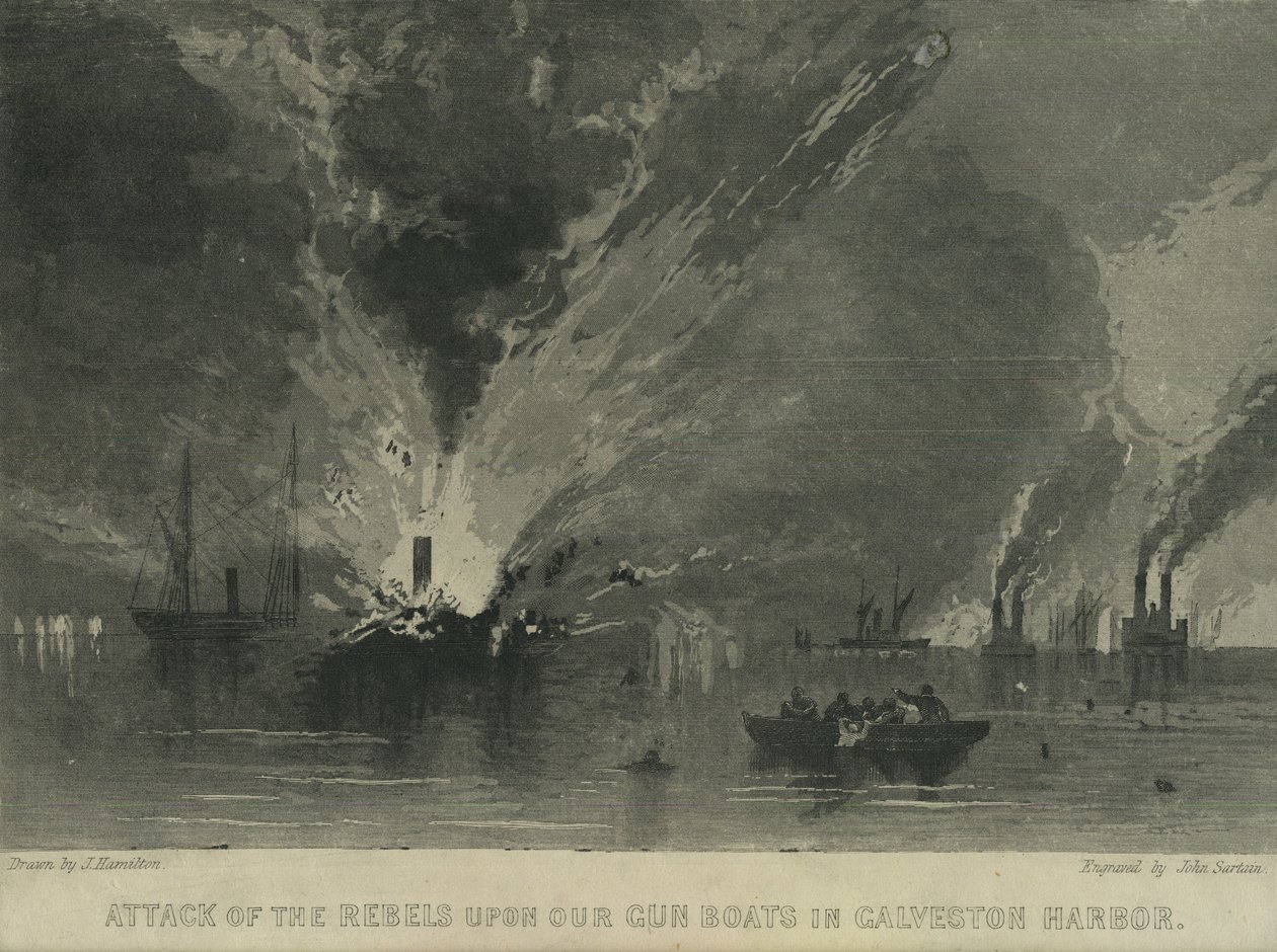 Angreb af oprørerne på vores våbenbåde i Galveston Harbor, ca. 1863 af John Hamilton
