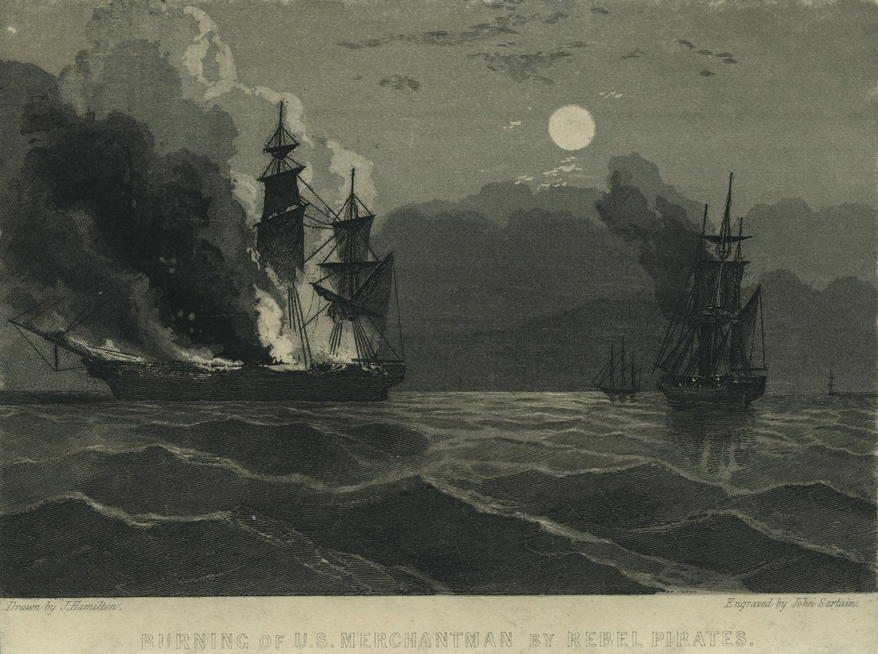 Burning of U.S. Merchantman af Rebel Pirates, 1865 af John Hamilton