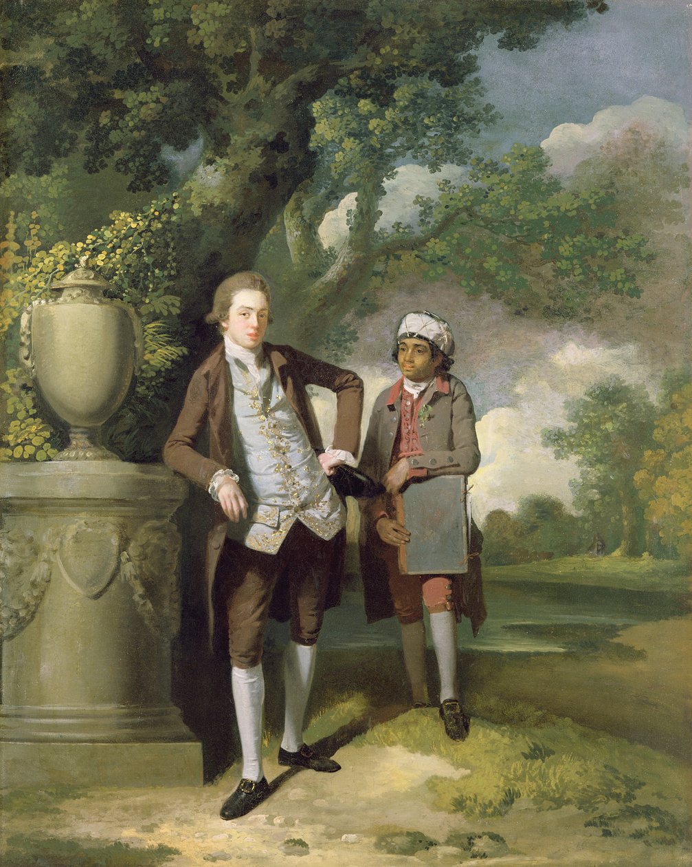 En ung mand med sin indiske tjener med en portefølje (olie på lærred) af John Hamilton Mortimer