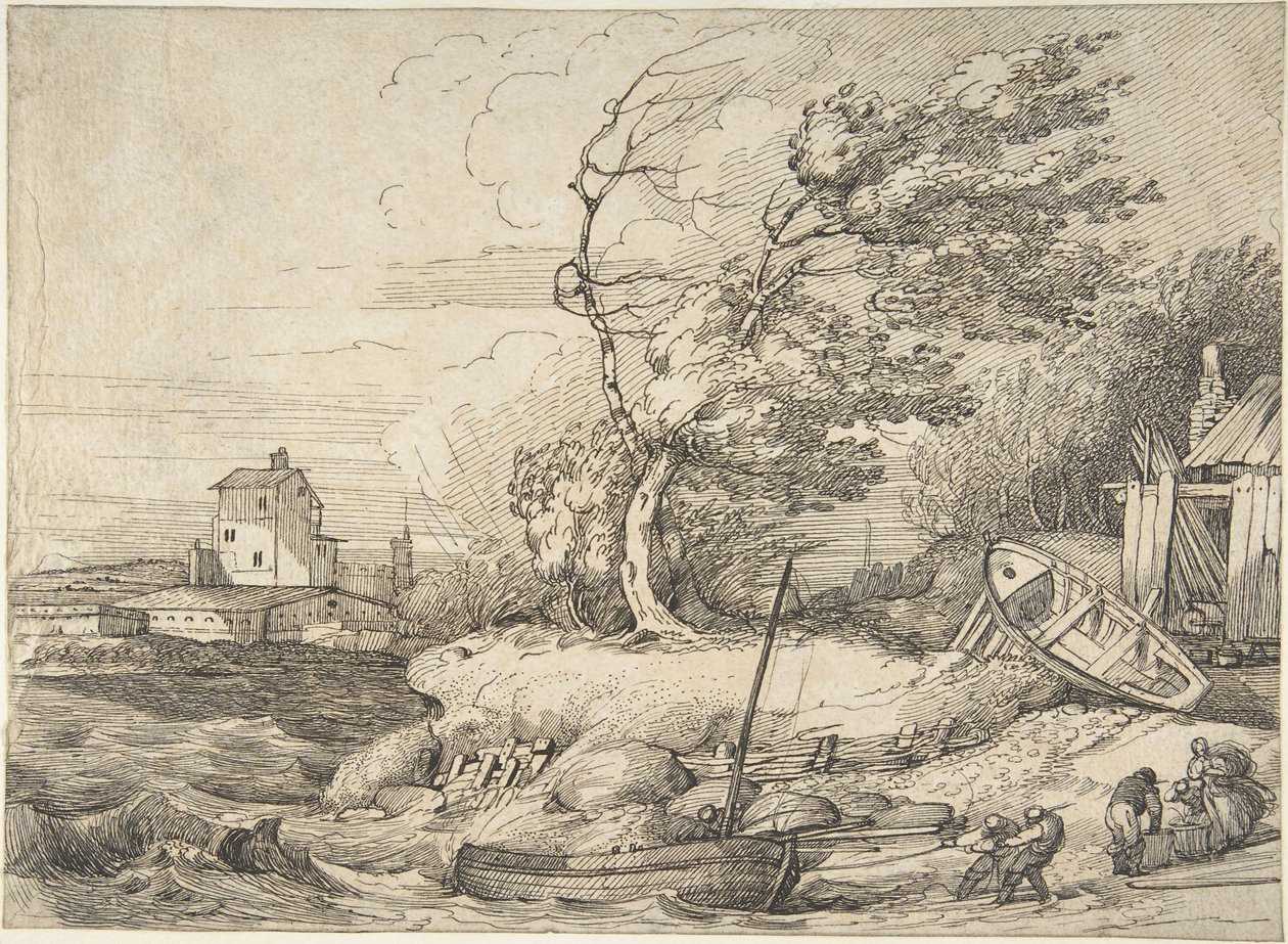 At trække en fiskerbåd på land i stormvejr af John Hamilton Mortimer