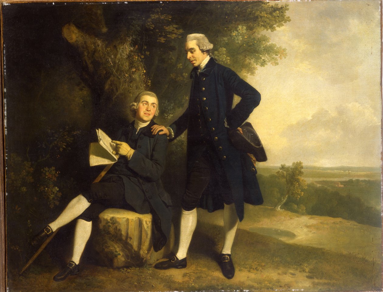 Dobbeltportræt af Thomas Somers Cocks og Richard Cocks fra Castleditch, begge små i fuld længde, førstnævnte i en blå frakke og vest med en sort trehjørning, sidstnævnte sidder i en blå frakke og vest med et manuskript, i et landskab, af John Hamilton Mortimer