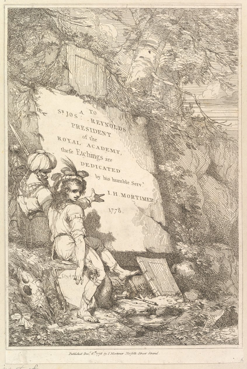 Frontispice Femten Etchings Dedikeret til Sir Joshua Reynolds, 1778. af John Hamilton Mortimer