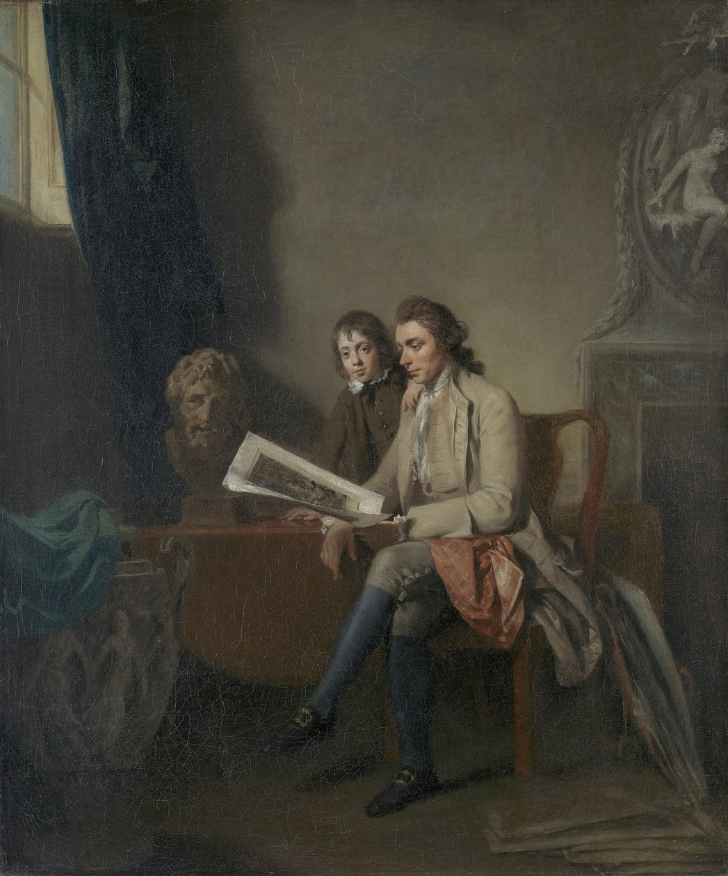 Portræt af en mand og en dreng ser på aftryk, ca. 1765-70 af John Hamilton Mortimer