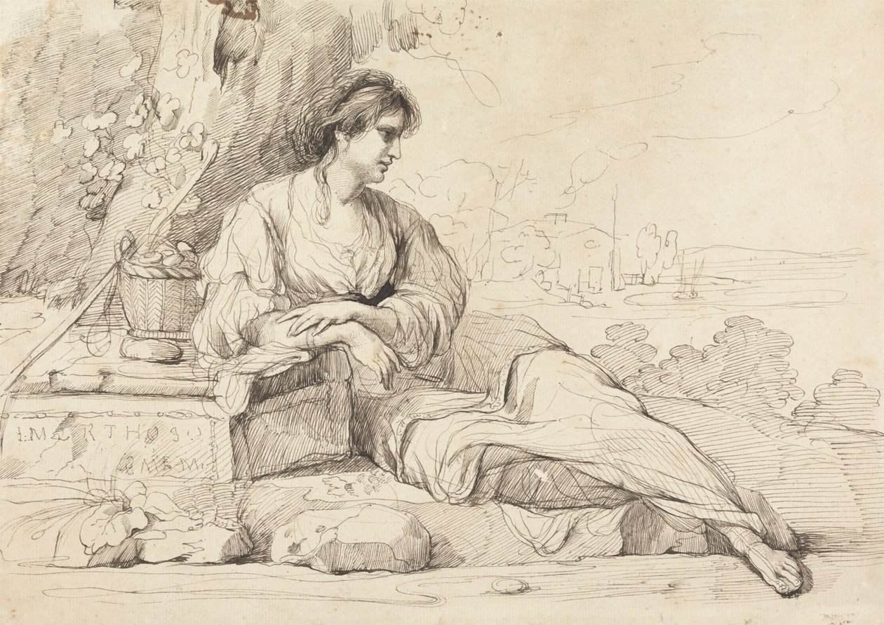 Tilbagelænet kvindeskikkelse i et italiensk landskab af John Hamilton Mortimer
