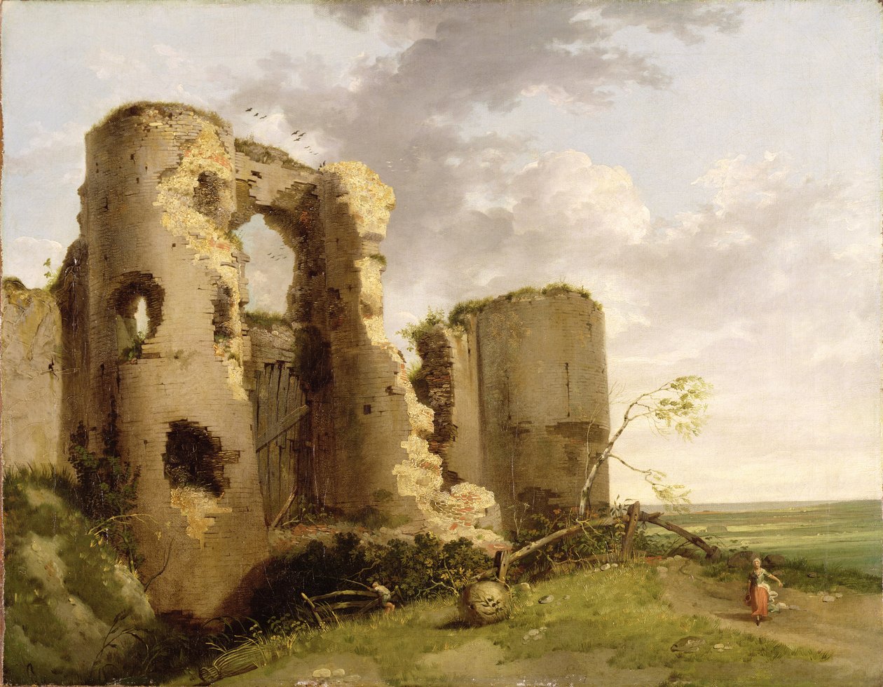 Udsigt over West Gate of Pevensey Castle, Sussex, ca. 1774 (olie på lærred) af John Hamilton Mortimer