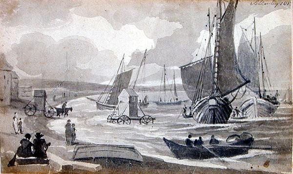 A Day at the Beach (pen og blækvask på papir) af John Harden