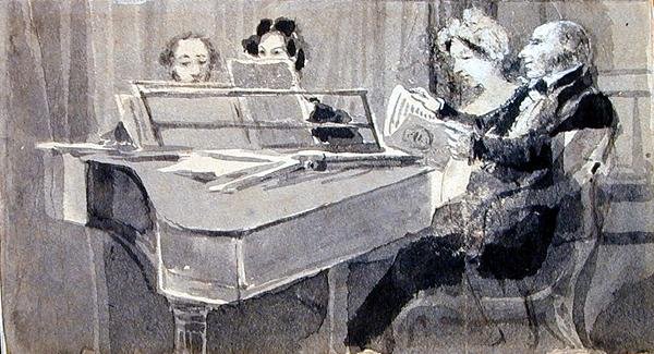 En musikalsk aften (akvarel og gouache på papir) af John Harden