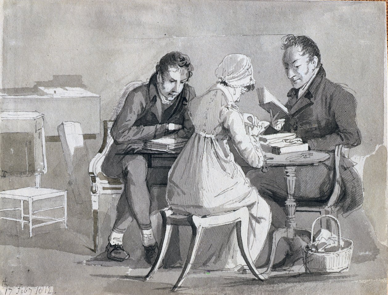 En aftenlæsning, 17. februar 1812 (pen og blækvask på papir) af John Harden