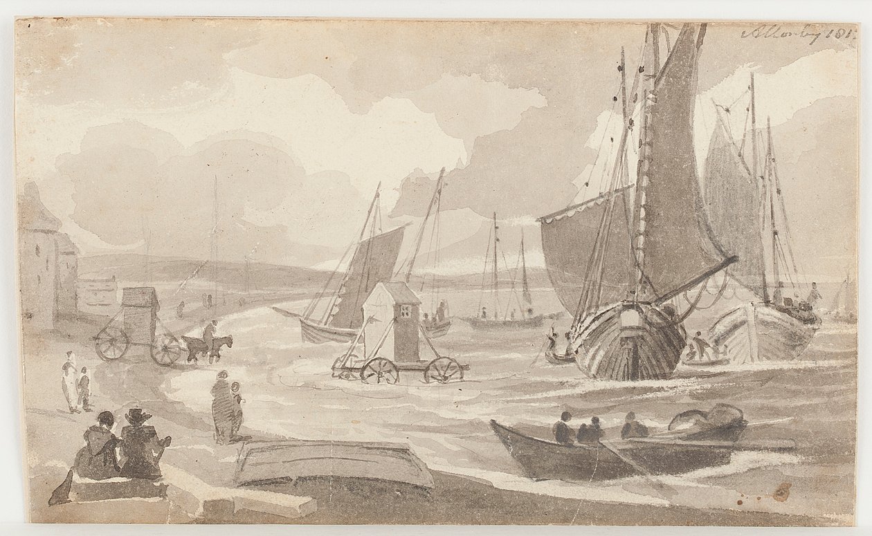 Bademaskiner i Allonby, Cumbria, 1812 (wc på papir) af John Harden