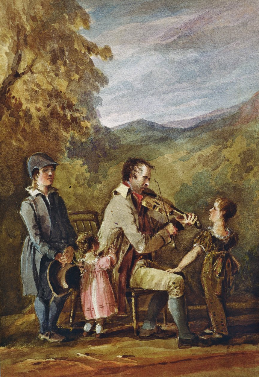 Blind Fiddler (blæk og wc på papir) af John Harden