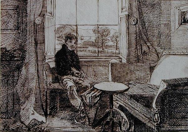 Dreng ved et vinduessæde (pen og blæk på papir) af John Harden