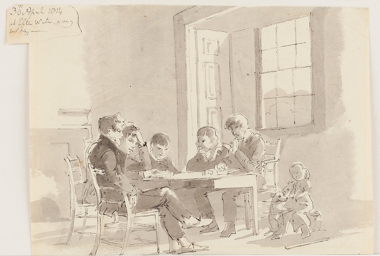 Drenge, der læser i Storrs, Elterwater, 1814 (pen og blæk med vask på papir) af John Harden